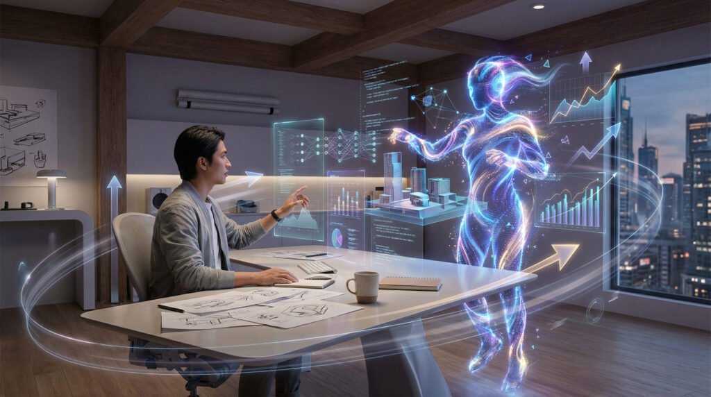 A man in an office interacts with a glowing, holographic figure displaying charts and graphs. The futuristic setting exudes innovation and technology.