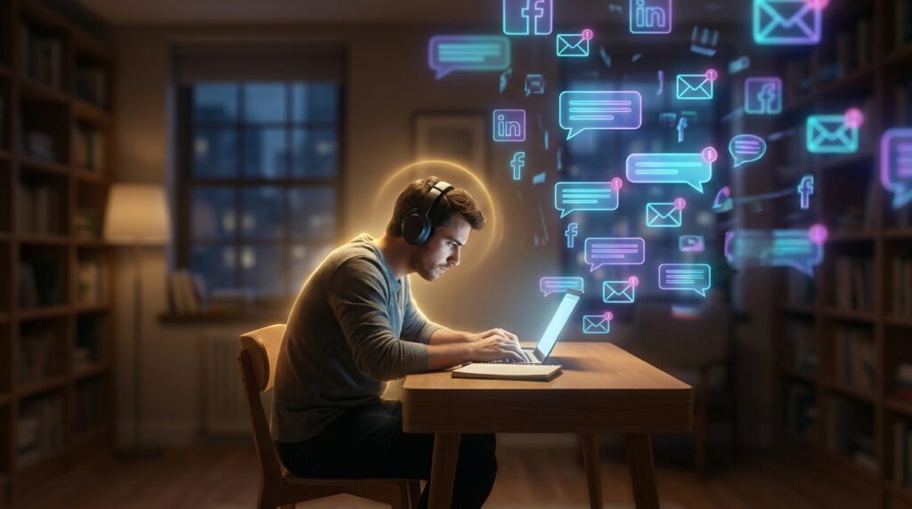 A man wearing headphones sits at a desk in a dimly lit room, focused on a laptop. Glowing social media icons and messages float in the air around him.